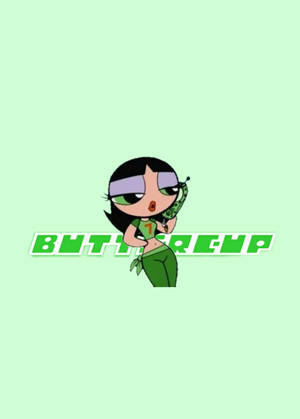 卡通角色Buttercup穿著綠色服裝，下方有文字。 — 飛天小女警 壁紙