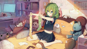 綠色頭髮的動漫女孩穿著校服，在放有絨毛玩具的床上拿著襪子。 — 電玩遊戲 GIF 壁紙