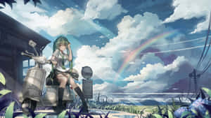 動漫女孩在彩虹天空下騎滑板車，有雲和花 — 美麗的動畫 壁紙