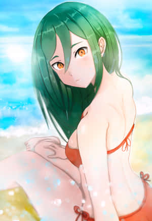 綠髮動漫女孩穿著紅色比基尼坐在沙灘上，身後有閃閃發光的水面和藍天。 — IQOO Pad5 壁紙