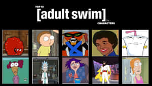 在黑色背景上以粗體白色文字網格排列的十大 Adult Swim 角色。 — 電視節目 壁紙