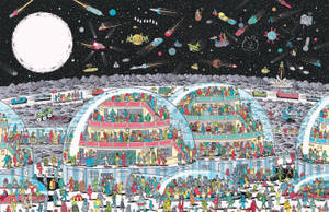 未來主義的月球殖民地，有圓頂棲息地和人群，在星空下，有太空船。