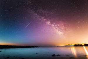 夜晚平靜湖面上的銀河與流星，伴隨著溫暖的地平線光芒。 — 4K 地球 壁紙