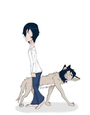 動漫角色在純色背景上與狼同伴一起行走。 — 狼少女 壁紙