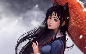 動漫女孩長著狐狸耳朵，在雪天裡撐著紅傘。 — 日本動漫 壁紙