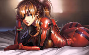 動漫女孩穿著紅色裝甲服躺在白色表面上，有一個眼罩。 — 可愛動漫女孩 壁紙