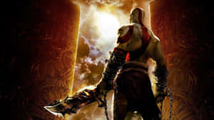 God of War 戰士在陽光照射的柱子前握著帶鎖鏈的斧頭 — 戰神 壁紙