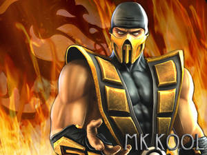 Mortal Kombat 角色 Scorpion 身穿黑色和金色盔甲，被火焰包圍。 — 真人快打 蠍子 vs 零度 壁紙