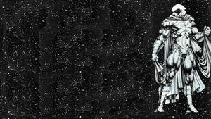 一個戴面具、披斗篷的超級英雄站在星空太空背景前。 — 月光騎士 壁紙