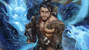 有紋身的動漫戰士用弓箭瞄準發光的藍色龍。 — 混沌武士 壁紙