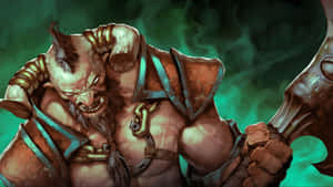 身穿盔甲的兇猛惡魔戰士，在綠色迷霧中揮舞著巨斧。 — 盾之勇者 壁紙