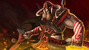 幻想戰士，發光的眼睛和火焰斧頭，在熾熱的戰鬥場景中 — Dota 2 4K 壁紙