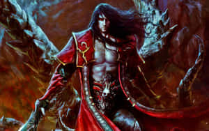 幻想戰士身穿紅色外套，在熾熱岩石景觀中手持劍。 — 城堡動畫 壁紙