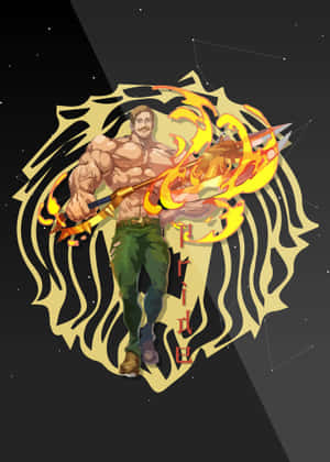 肌肉發達的動漫男人留鬍子，在金色虎盾中握著火焰劍，背景是繁星夜空。 — 艾斯卡諾 壁紙