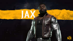 遊戲角色Jax穿著皮夾克和裝甲袖，站在雨中，背景有黃色條紋。 — 戰士 壁紙
