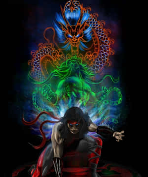一條帶有綠色鎖鏈的發光霓虹巨龍，盤旋在一個紅眼跪著的戰士上方。 — Motorola Razr Ultra 2025 壁紙