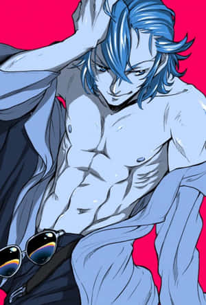 藍色頭髮的動漫男子，戴著太陽眼鏡，穿著敞開的夾克，站在紅色背景前。 — 小米Mix 壁紙