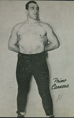 摔跤手Primo Carnera赤裸上身、雙手叉腰站立的復古黑白肖像。 — POCO Pad C1 壁紙