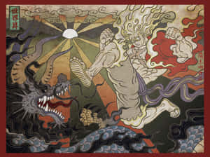 一個神話中的神祇站在波浪之上，在陽光下用腳與龍搏鬥。 — 日式審美桌面 壁紙