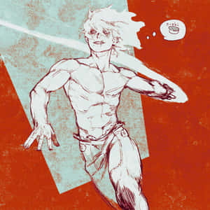 動漫男子帶著壽司思想泡泡在紅和青綠色背景上奔跑。 — Maa Durga 壁紙