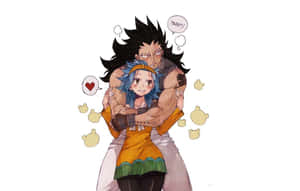 動漫角色擁抱，伴有漂浮的泰迪熊和心形符號。 — 妖精尾巴角色 壁紙