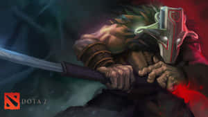戴著面具的Dota 2戰士在黑暗煙霧戰鬥場景中握緊發光的劍 — 刀塔2 壁紙