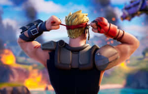 Fortnite角色在火熱背景下將紅色頭帶綁在肩膀上。 — 室內設計 壁紙