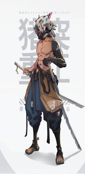 動漫角色，戴著機械頭盔，手持雙劍，賽博朋克風格。 — 鬼殺隊 善逸 壁紙