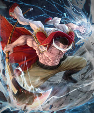 動漫戰士，披著紅色斗篷，留著白色鬍鬚，在破碎的石頭戰鬥中揮舞巨斧。 — Motorola Razr Ultra 2025 壁紙