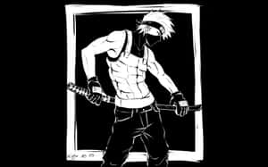 動漫戰士，尖刺頭髮和眼罩，在黑白插圖中手持武士刀。 — 漩渦鳴人 壁紙