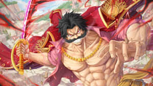 黑鬍子紅斗篷的動漫戰士在戰鬥中揮舞發光劍。 — 神鬼奇航 壁紙