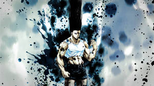 束著髮髻的動漫戰士，被墨水飛濺環繞，擺出動態姿勢。 — 惡魔男孩 動漫 壁紙