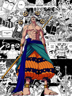 動漫角色 God of Skypea 手持法杖站立，周圍環繞著漫畫面板。 — 航海王 騙人布 壁紙