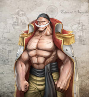 一個肌肉發達的動漫海盜，留著白色鬍鬚，穿著紅色外套，勇敢地站在帶有船隻草圖的羊皮紙背景前。 — 神鬼奇航 壁紙