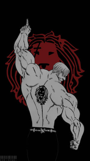 動漫男人帶獅子紋身用槍指向紅色獅子符號。 — 艾斯卡諾 壁紙