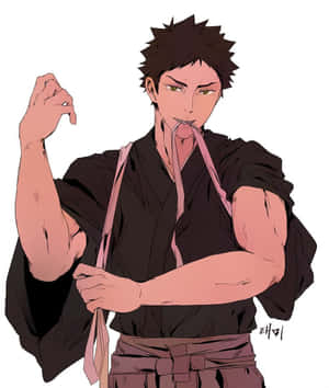 動漫男人穿黑色長袍咬粉紅色腰帶同時彎曲二頭肌。 — 小米 Mix Flip 2 壁紙