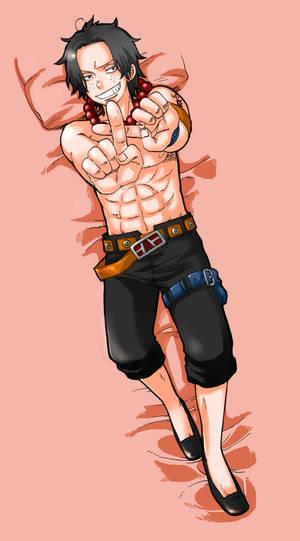 黑髮和紅色珠子的動漫角色比出和平手勢。 — 航海王 艾斯 壁紙