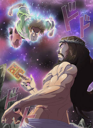 戴荊棘冠冕的動漫戰士手持發光卡牌，面對漂浮對手進行宇宙戰鬥。 — OnePlus Pad 3 Pro 壁紙