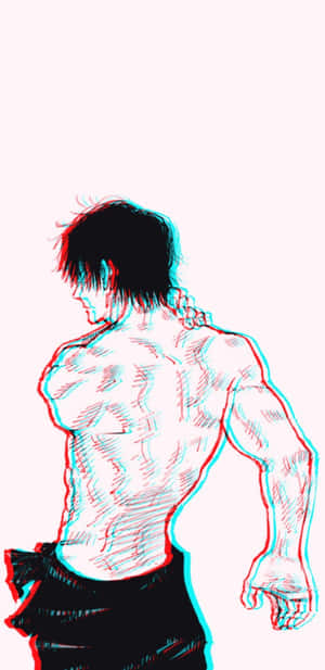 從背後觀看，紅青3D效果下肌肉發達背部的動漫男性。 — Pixel 4 壁紙