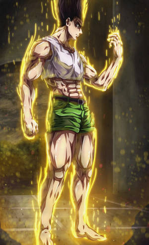 動漫男性角色閃耀著金色能量火花，擺出強而有力的姿態。 — Galaxy Tab 壁紙