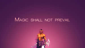 一個眼睛發光、手持雙刃的奇幻戰士，在紫色漸變背景下宣告'Magic shall not prevail'。 — 寶可夢 剑 盾 壁紙