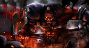 一個眼睛發光的惡魔戰士在黑暗奇幻戰鬥場景中衝過火焰。 — Dota 2 4K 壁紙