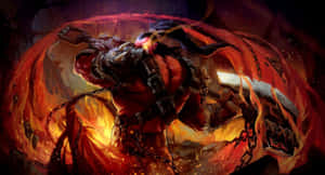 惡魔戰士揮舞火焰錘，被火焰鎖鏈包圍在黑暗的地獄場景中 — Dota 2 4K 壁紙