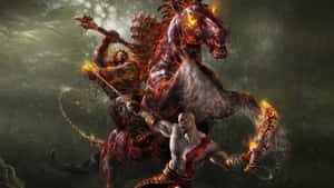 戰士在黑暗森林中與惡魔馬戰鬥，伴隨火焰和發光餘燼。 — 戰神 壁紙