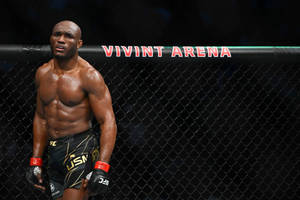 一名赤裸上身的MMA戰士，穿著黑色短褲和手套，站在Vivint Arena的籠子裡。 — 運動 壁紙