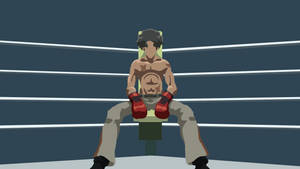 一個拳擊手坐在擂台內的凳子上，戴著紅色手套和灰色褲子。 — Megalobox 壁紙
