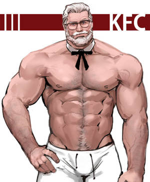 插圖中的肌肉發達男子，白髮白鬍鬚，穿著黑色蝴蝶結和白色內褲。 — 肯德基 壁紙