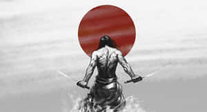 一個肌肉發達的武士戰士手持兩把劍，身後有一輪紅日。 — 混沌武士 壁紙