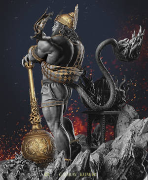 猴神雕像，身穿金色盔甲，手持火焰蛇，在岩石地形上握著華麗的狼牙棒。 — Galaxy Z Fold 5 壁紙