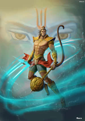 穿著金色盔甲的猴神戰士，在神聖眼睛的背景下揮舞著發光的法杖。 — OnePlus Pad 壁紙